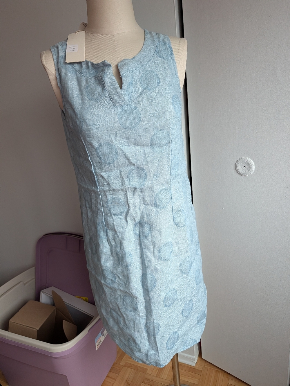 Sleeveless Light Blue Linen Shift Dress with Subtle Circle Texture